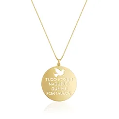 Colar Tudo Posso Naquele Que Me Fortalece com Divino Espírito Santo Banhado a Ouro 18 k