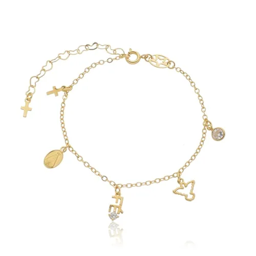 Pulseira Pingentes: Fé, Nossa Senhora, Divino e Cruz