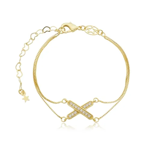 Pulseira Duas Correntes Pingente Geométrico X Cravejado com Zircônias