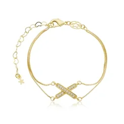 Pulseira Duas Correntes Pingente Geométrico X Cravejado com Zircônias