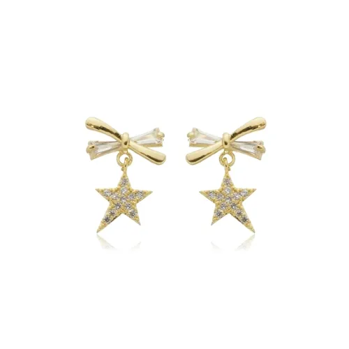 Brinco Pequeno Lacinho Navete com Pingente Estrelinha Cravejada em Zircônias Banhado a Ouro 18K