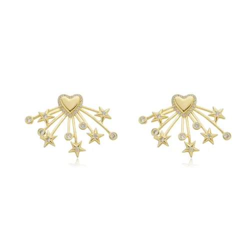 Brinco Base Coração com Hastes e Pingentes Estrelas e Ponto de Luz Banhado a Ouro 18k
