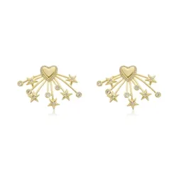 Brinco Base Coração com Hastes e Pingentes Estrelas e Ponto de Luz Banhado a Ouro 18k
