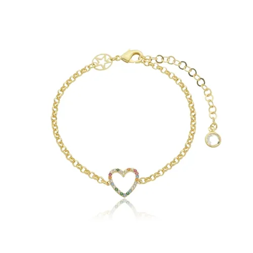 Pulseira Corrente Elo Português com Pingente Coração Zircônias Coloridas Banhado a Ouro 18 k