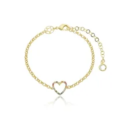 Pulseira Corrente Elo Português com Pingente Coração Zircônias Coloridas Banhado a Ouro 18 k