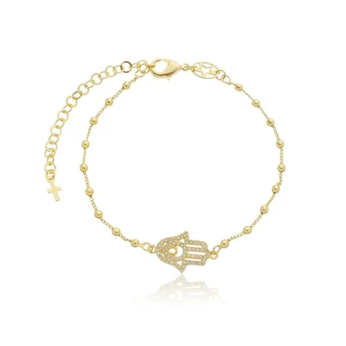 Pulseira Corrente Bolinha e Pingente Mão de Fátima Cravejado com Zircônias