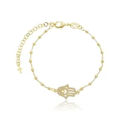 Pulseira Corrente Bolinha e Pingente Mão de Fátima Cravejado com Zircônias