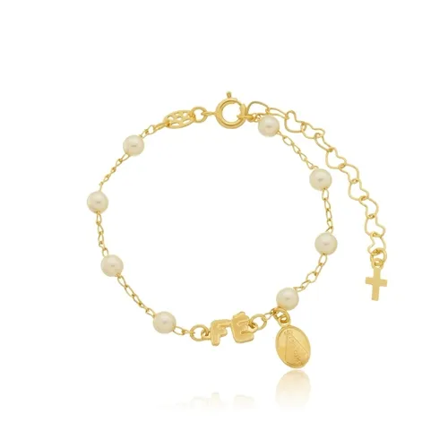 Pulseira Infantil Corrente Pérola com Pingente Oval Nossa Senhora e Fé Banhada a Ouro 18K