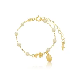 Pulseira Infantil Corrente Pérola com Pingente Oval Nossa Senhora e Fé Banhada a Ouro 18K