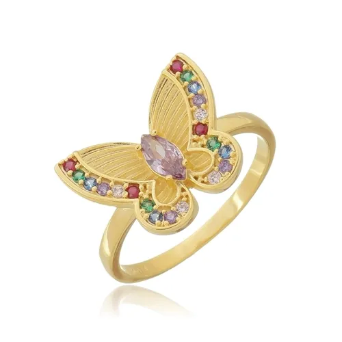 Anel Borboleta com Zircônias Coloridas Banhado a Ouro 18 k