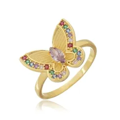Anel Borboleta com Zircônias Coloridas Banhado a Ouro 18 k