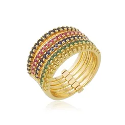 Anel Cinco Aros Cravejados com Zircônias Coloridas Banhado a Ouro 18 k