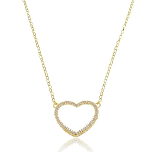Colar Pingente Coração com Zircônias e "Love" na Lateral Banhado a Ouro 18 k