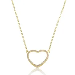 Colar Pingente Coração com Zircônias e "Love" na Lateral Banhado a Ouro 18 k