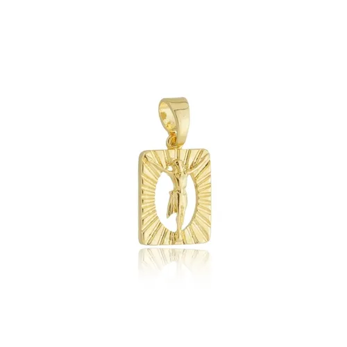 Pingente Retangular Detalhado com Crucifixo Banhado a Ouro 18 k