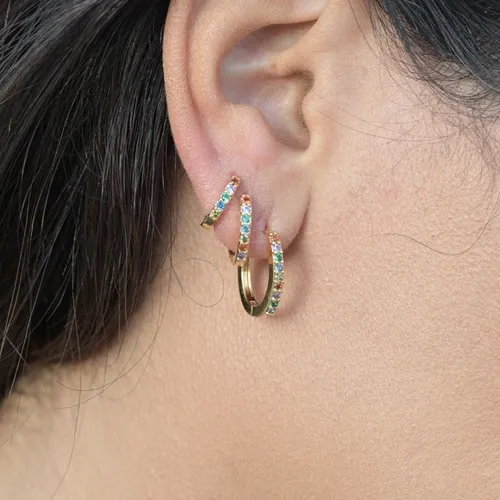 Brinco Trio de Argolas Articuladas com Zircônias Coloridas Banhada a Ouro 18k