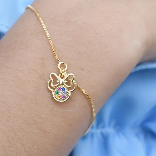 Pulseira Infantil com Pingente do Rostinho da Minnie Vazado Banhado a Ouro 18k – Encanto e Brilho