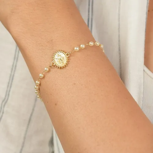 Pulseira Corrente Pérola com Pingente Oval Nossa Senhora das Graças