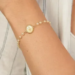 Pulseira Corrente Pérola com Pingente Oval Nossa Senhora das Graças