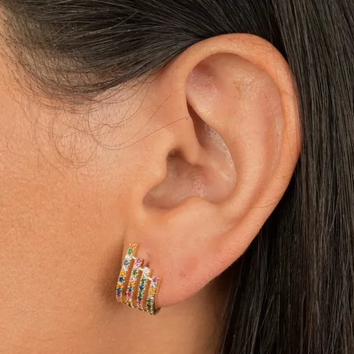 Brinco Earcuff  Quatro Fileiras Decrescentes Cravejadas com Zircônias Coloridas Banhado a Ouro 18 k
