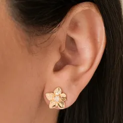 Brinco Flor com Pétalas Lisas e Zircônia no Miolo Tamanho M  Banhado a Ouro 18 k