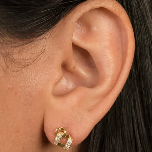 Brinco com Base Quadrada e Pingente Cravejado com Zircônias Banhado a Ouro 18K