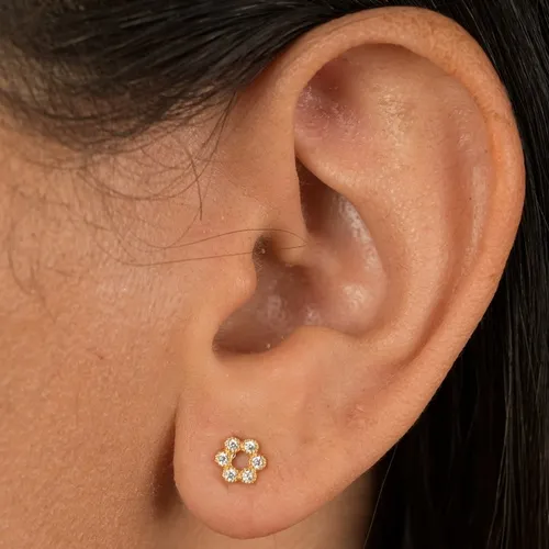 Brinco Mini Florzinha Vazada Cravejada com Zircônias Banhado a Ouro 18K