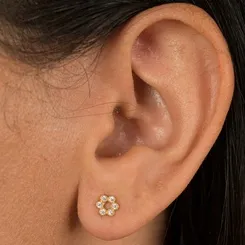 Brinco Mini Florzinha Vazada Cravejada com Zircônias Banhado a Ouro 18K