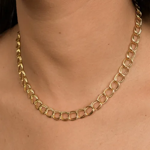 Colar Choker Corrente de Elos Duplos e Grossos  Banhada a Ouro 18k