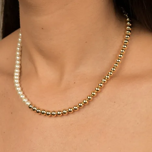 Colar Choker Metade Bolinhas Lisas e Metade Pérolas  Banhado a Ouro 18k
