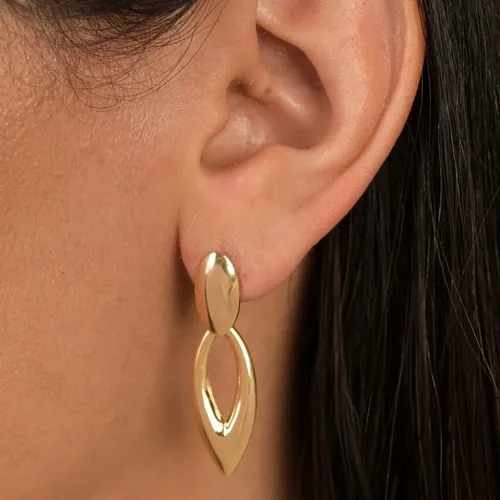 Brinco Base Oval Lisa com Pingente em Gota Pontiaguda Banhado a Ouro 18 k