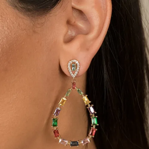 Brinco Festa Gota Vazado com Navetes Quadradas Coloridas  Banhado a Ouro 18k