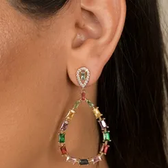 Brinco Festa Gota Vazado com Navetes Quadradas Coloridas  Banhado a Ouro 18k