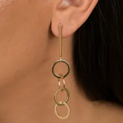 Brinco Grande Liso com Haste e Pingente de Círculos Interligados Banhado a Ouro 18k