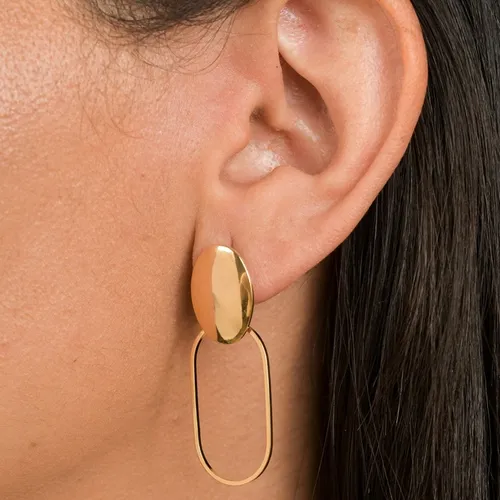 Brinco Grande com Base Oval em Chapa Lisa e Pingente Oval Vazado Banhado a Ouro 18k