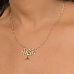 Colar com Pingente Árvore da Vida com Folhagens Cravejadas de Zircônias Banhado a Ouro 18K