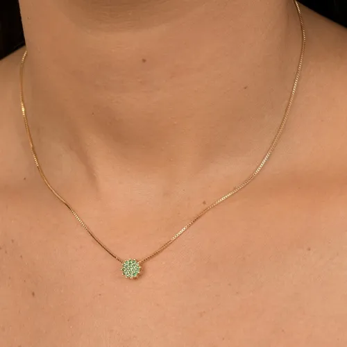 Colar Corrente Veneziana com Pingente Redondo Cravejado com Zircônias Verdes  Banhado a Ouro 18K