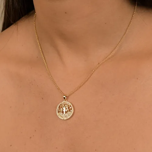 Colar Corrente Cadeado com Pingente Árvore da Vida Cravejada com Zircônias Banhado a Ouro 18K