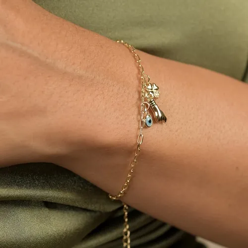 Pulseira Corrente Cartier com Pingentes de Olho Grego, Figa e Trevo  Banhada a Ouro 18k