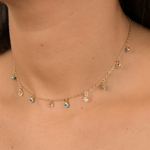 Choker com Pingentes de Olho Grego e Cristais Redondos Intercalados  Banhado a Ouro 18k