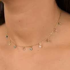 Choker com Pingentes de Olho Grego e Cristais Redondos Intercalados  Banhado a Ouro 18k