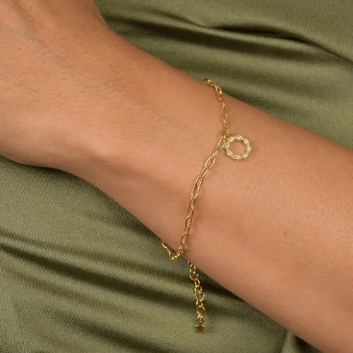 Pulseira Corrente Cartier Elos Detalhados e Pingente Circular Vazado Cravejado com Zircônias