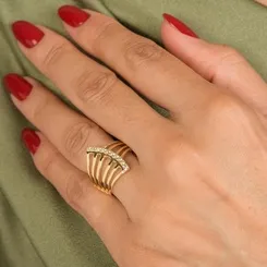 Anel em Fileiras Lisas e Fileira com Zircônias Banhado a Ouro 18 k