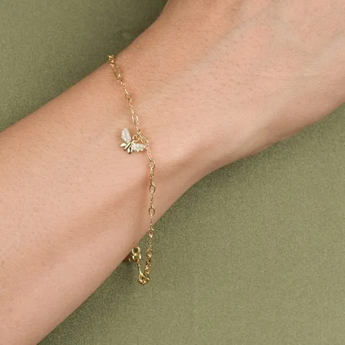 Pulseira Corrente Piastrine Detalhada com Pingente de Borboleta Cravejada Banhada a Ouro 18k