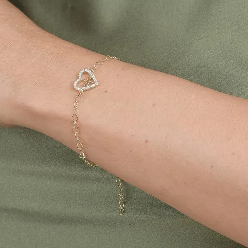 Pulseira Corrente de Coração com Pingente de Coração Cravejado com Escrita Fé  Banhado a Ouro 18k