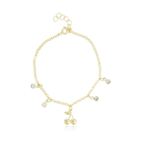 Pulseira Infantil com Pingentes de Cristais e Cereja Banhada a Ouro 18k