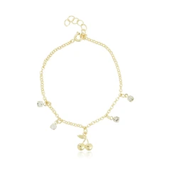 Pulseira Infantil com Pingentes de Cristais e Cereja Banhada a Ouro 18k