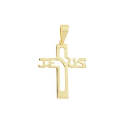 Pingente Unissex Cruz Vazada com Escrita Jesus Banhado a Ouro 18 k
