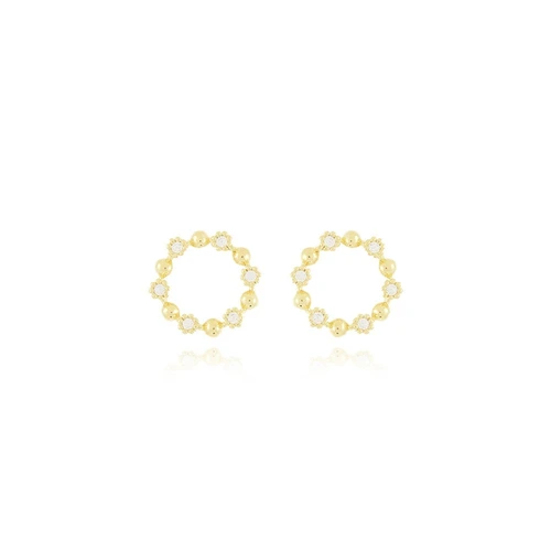 Brinco Redondo com Aro Intercalado de Meia Bolinha e Zircônias Banhado a Ouro 18k