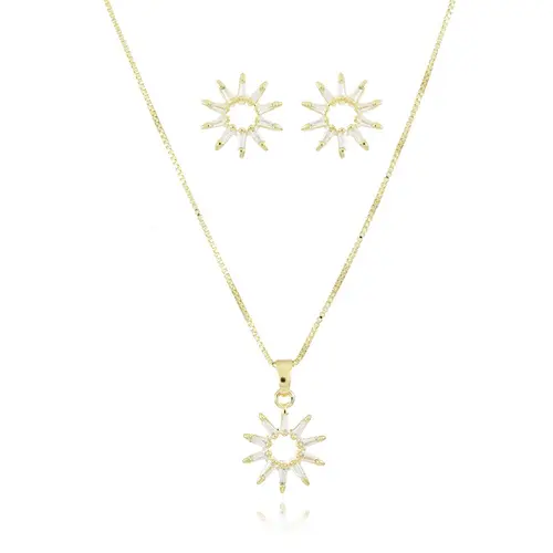 Conjunto Colar e Brinco Redondo Navete Banhado a Ouro 18 k